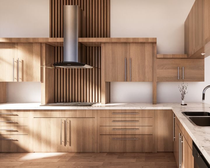 a kitchen with wooden cabinets and a stove.